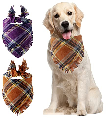 HACRAHO Plaid Hundehalstücher, 2 Stück, wendbar, dreieckig, mit Quasten, waschbar, Dreieckstuch für Hunde und Katzen, lila und braun
