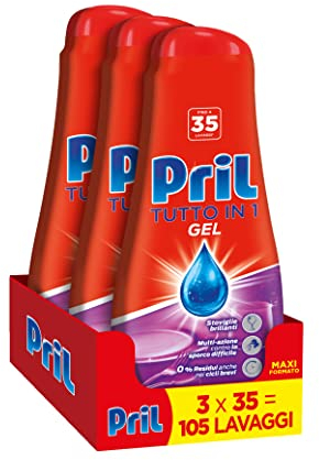 Pril Gel All in One Sciogli Grasso Detersivo Lavastoviglie Liquido Multi-Azione Sporco Difficile - 3 Confezioni da 35 Lavaggi (105 lavaggi)