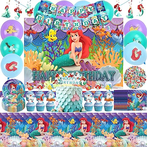 Décoration Anniversaire Fille, 117 PCS Décoration d'anniversaire, Ballons Décoration de Fête avec Bannière, Cake Topper, Assiettes, Serviettes, Spirales Déco, Autocollant etc