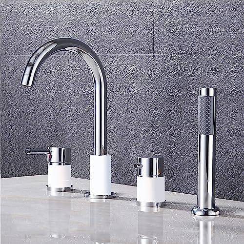 XJTNLB Wannenrandarmatur 4 Loch Badewannenarmatur, Mischbatterie Badewanne mit Brause Dusche Badewanne Armaturen Set Weiß+Chrom