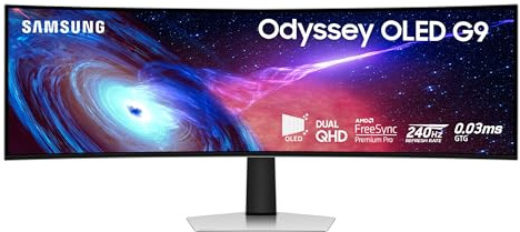 Samsung 49 Odyssey G93SC Series Curved Gaming Monitor, QD-OLED, 240Hz, 0.03ms, DQHD, G-Sync Compatible, FreeSync Premium Pro, Adjustable Stand