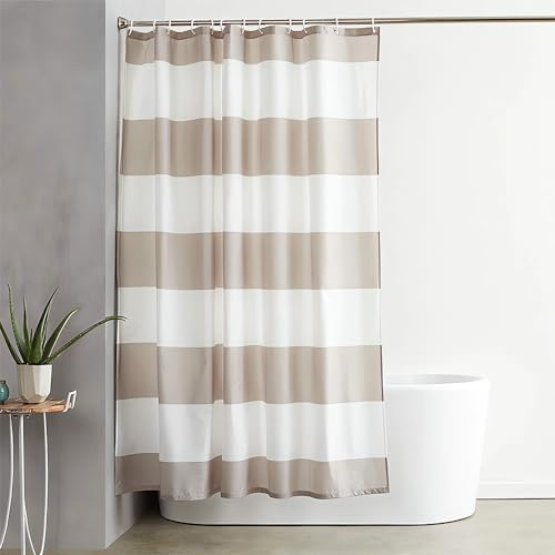 Lerores Duschvorhang 180x180cm Beige Streifen, Beschwerter Saum Antischimmel Textil, Wasserabweisend, Waschbar Polyester Badevorhänge mit Ösen und 12 Duschvorhangringe für Badezimmer, Badewanne