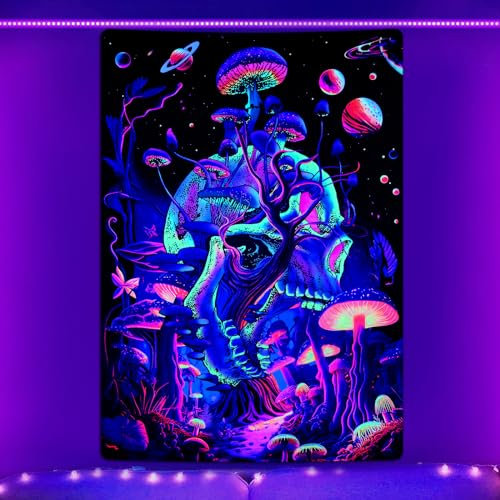 Alishomtll Schwarzlicht Pilz Wandteppich Ästhetischer Schädel UV Reaktiv Wandbehang Fantasie Glühen im Dunkeln Galaxie Planet Wandteppiche Vertikale Wandkunst für Schlafzimmer Wohnzimmer 150x130cm