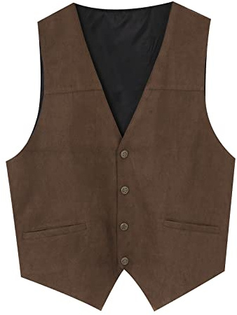 OBiQuzz Chaleco de ante para hombre, marrón, chaleco vaquero informal, estilo tradicional, estilo tradicional, chaleco retro, chaleco vintage, chaleco de traje con cuello en V, marrón, L