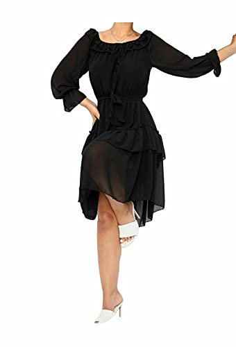 WEAR THE FASHION Ladies Ruffle Frill Tie Belted Casual Midi Dress Womens Frill Sleeve Off Shoulder Fancy Dress Black