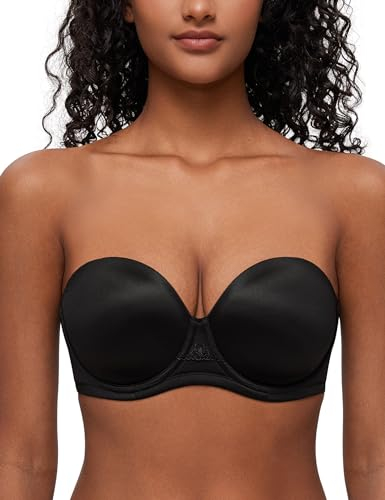 Deyllo Women's Strapless Bra Padded Cup Push Up Plus Size Full Coverage Underwire Support(Black,38F)