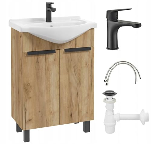 Deftrans Lavabo avec meuble sous-vasque, 60 x 85 x 43,5 cm, avec meuble bas et robinet de lavabo, lavabo pour invités avec meuble bas de 60 cm, en bois, noir, robinetterie clic-clac, kit de siphon