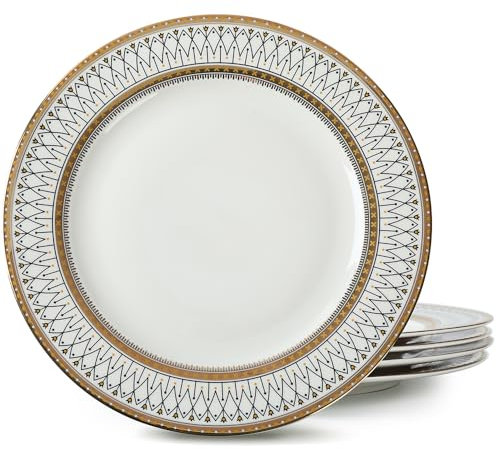 YEWUDHOM Porcelain Dinner Plates Set of 4, Ceramic Construction, White & Gold, Modern Minimalist with Retro Elegance, 10.5 Round Dinner Plates