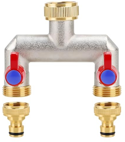 3-Wege Wasserhahn Wasserverteiler aus Messing für 3 Geräte/Gartenschläuche, Wasserhahn Adapter, 3-Wege Verteiler 3/4 Adapter zum Einstellen und Absperren des Wasserflusses (2-Wege)