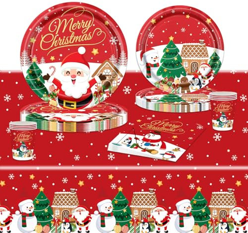 POPOYU 69Pcs Red Christmas Party Paper Tableware Set, Santa Claus Dinnerware Set with Tablecloth, Napkins, Paper Plates, Cups for Christmas Eve Table Decoration, Home Party Supplies (16 Guests)