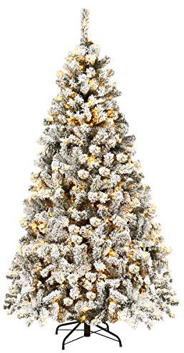 COSTWAY 4.5FT/6FT Flocked Christmas Tree, Pre-Lit Artificial Decoration Tree with 295/600 PVC Branch Tips and 150/250 LED Lights, Hinged Holiday Celebration Tree for Home, School and Carnival (6FT)