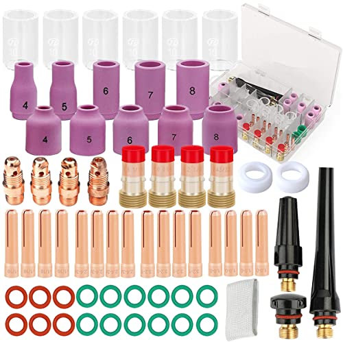 EATBALE 64Pcs for TIG Welding Torch Accessories Kit Stubby Gas Lens Collets #10 for Pyrex Glass Cup Alumina Ceramic Nozzle O-Rings Gasket Back Cap for WP-17/18/26 with box and Finger Heat Shield XL