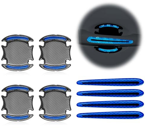 8Pcs 3D Carbon Fiber Car Door Handle Scratch Protector, Universal Door Cup Handle Guard Film with Reflective Strips, Paint Protection Cover for Cars Trucks SUVs (Blue)