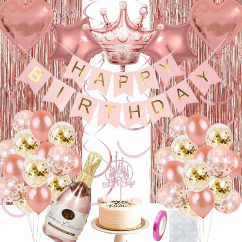 GHKJOK Decorazioni di compleanno in oro rosa – Kit di decorazioni per feste con striscione di compleanno, palloncini, tenda con nappe, ganci a spirale, decorazione per torte, nastro, perfetto per