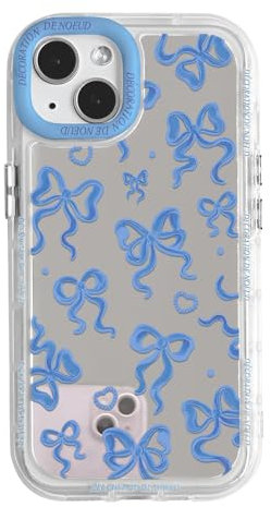 NITITOP Kompatibel mit iPhone 13 Hülle Cute Süßes Bow Schleife Spiegel Liebe Herz Glitzernd Muster und Fliege Frauen Mädchen Stoßfeste Glänzende Handyhülle - Blau Bowknot
