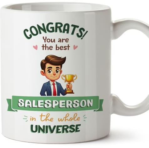 MUGFFINS Salesperson Man Mug - in English - Best in Universe Trophy - Funny Gift for Colleagues - Ceramic 11oz Mug