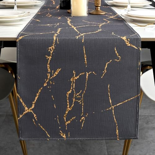 ViaElayu Tischläufer Modern Grau Gold Marmor Textur Abstrakte Abwaschbar Outdoor Frühling Landhausstil Vintage Bauernhaus Rechteckige Tischdecke Küche Tisch Läufer Party Deko 33x183 cm