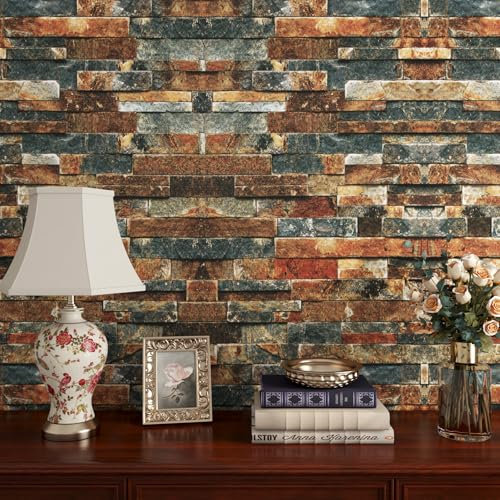 FunStick 40CM×6M Peel and Stick Wallpaper Brick Retro Brown Red Blue Sticky Back Plastic Roll for Kitchen Bathroom Faux Brick Wallpaper 3D Effect Bedroom Blue Brown Vinyl Wrap for Furniture Fireplace