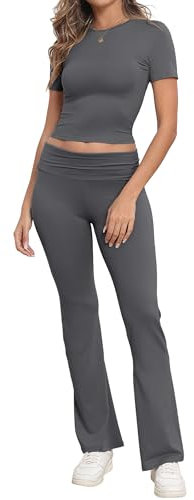 IWOLLENCE Lounge Set Damen Zweiteiler Hausanzug Kurzarm Oberteil mit Breitem Elastischem Hosenbund Schlaghose Loungewear Set (Dunkelgrau, XS)