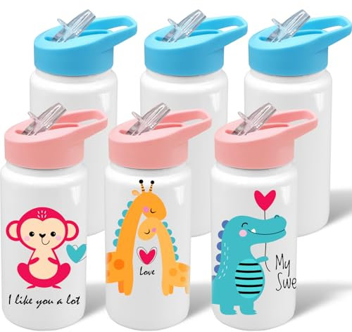 6 Pack Kids Sublimation Water Bottle, 14 oz Blank Stainless Steel Tumblers Bulk with Handle, 400ml White Double Walled Vacuum Insulated Tumbler for Child Party Gift