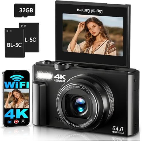 4K Digitalkamera mit WLAN 64MP Kamera Fotokamera 3 180° Klappbildschirm Fotoapparat Digitalkamera für Kinder Anfänger, 18X Digitalzoom, Autofokus, mit 32GB Karte, 2 Batterien