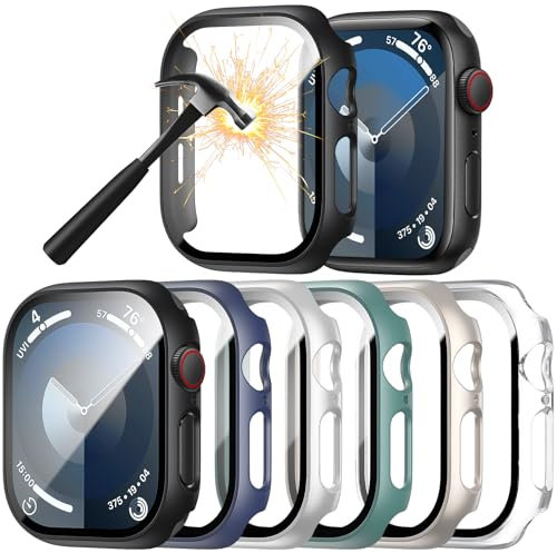 6-Stück Schutzhülle mit Displayschutzfolie Kompatibel mit Apple Watch Series 9/8/7 45mm,Ultradünne Hard Gehäuse Eingebaut Kratzfest Gehärtetes Glas Schutzfolie für iWatch 7 8 9 45mm