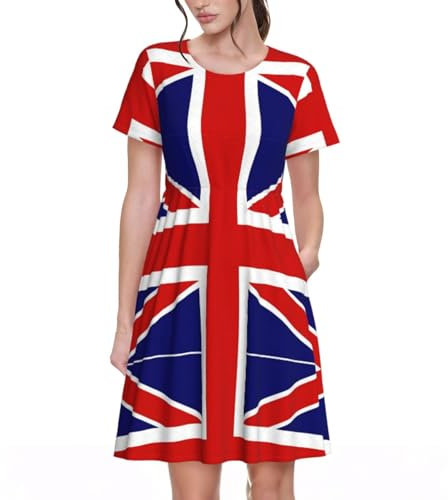 LimPac Robe d'été décontractée à manches courtes pour femme avec poches Motif drapeau anglais, Noir/blanc, XXL