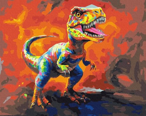 Kit de peinture par numéros pour enfants, adultes - Kit de peinture par numéro sur toile pour enfants - Pour décoration murale à faire soi-même, dinosaures de combat - 40 x 50 cm