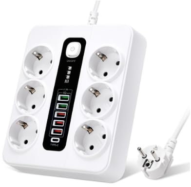 Steckdosenleiste 6 Fach mit USB, 12-in-1 Mehrfachsteckdose mit 5 USB-A & 1 USB-C, mit Schalter, 2M Verlängerungskabe, 3000W, Mehrfachstecker für Büro, Hause (Weiß)