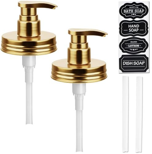 Amolliar Plastic Mason Jar Soap Dispenser Lids(2) - Universal Pump Replacement for Regular Mouth Jar - Long Tubes & Cute Lables - for Kitchen, Bathroom, Dish Soap, Lotions, Hand Soap, Gold