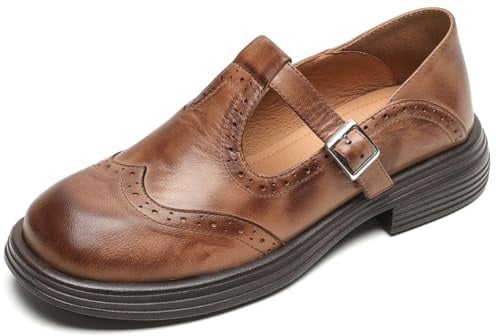 U-lite Mary Jane Oxfords for Women,Wingtip Brogue,T-Strap Soft Leather Retro Loafer Shoes, Low Heels Round Toe Dressy Business Office Shoes with Buckle Brown 8