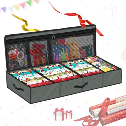 SIMPHAUS Organizer Carta Regalo Rigido con Divisori, Tessuto Oxford 600D Resistente, Contenitore per Carta Regalo Natale e Accessori 82x34x13cm Grigio