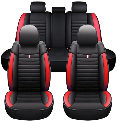 Chifeng 5-Teiliges Autositz-Schon-Set, Universal Autositzbezüge für Nissan Almera Juke Leaf Micra Navara Pulsar Qashqai Qashqai+2 X-Trail, Kunstleder, Atmungsaktiv & Wasserdicht & Kratzfest, (Rot)