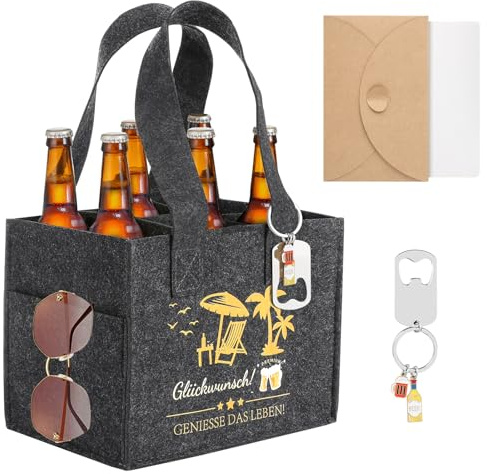 XIEJ Witzige Ruhestand Geschenk Männerhandtasche Bier, Filz Flaschentasche 6 Flaschen, Biergeschenke für Männer, Rente Geschenk Mann Biertasche für Kollegen Freund Opa mit Flaschenöffner, Karte