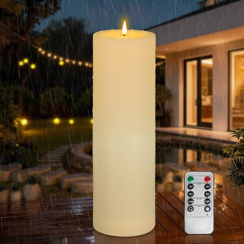 Kimjo 10 x 30 cm Flammenlose Große LED Kerzen Outdoor | IP65 Wasserdicht, Groß, Timerfunktion, Fernbedienung, Flackernde Flamme, Batteriebetrieben, Elfenbeinweiß, Kunststoff