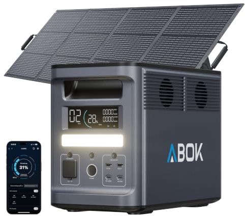 ABOK Ark2000 Tragbare LiFePO4 Powerstation 1536Wh+200W Solarpanel, 2000W AC | Solargenerator-Set mit faltbarem Asp200 Solarpanel, USV & App, für Camping, Wohnmobile, Notfälle, Off-Grid-Strom und Notstrom