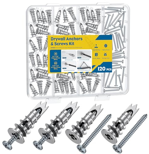 Uniclife 120 Pcs Anclajes Autoperforantes para Drywall, Anclajes de Pared Extra Resistentes para Drywall, Kit de Anclajes y Tornillos Pared Metal, Anclajes Sheetrock Aleación Zinc Tornillos #6 x 33 mm