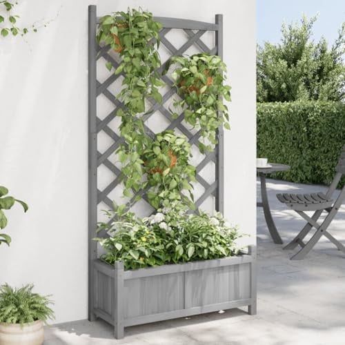 Mokuyary Pflanzkübel mit Spalier Grau Massivholz Tanne Hochbeet Blumenkasten für Balkon Garten Terrasse Pflanzkasten Edelrost Blumenkasten Pflanzbeet