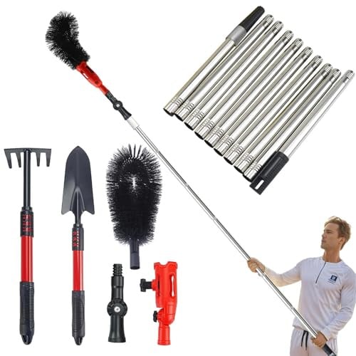 LZEXIN 3-in-1 Multi-Angle Gutter Cleaning Tool with Brush, Shovel and Rake, 3.8m Extendable Telescopic Gutter Cleaner with 10 Poles, Roofing Cleaner Tool for Home and Garden Use