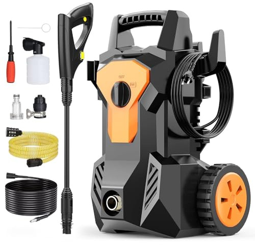Idropulitrice Alta Pressione, 1600W, Pressione max.140 bar, 420 l/h, Tubo Flessibile da 8M Cavo da 2M, con Ugello Regolabile Pistola et Avvolgitubo integrato, per Casa, Giardino e Auto, Irrigazione