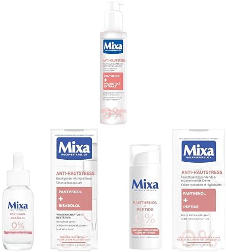 Mixa Anti-Hautstress 3-teiliges Pflegeset, Gesichtsreinigung, Serum & Gesichtscreme mit Panthenol, Bisabolol & Peptiden, Beruhigt trockene Haut & Rötungen, Ohne Parfum, 150ml + 30ml + 50ml