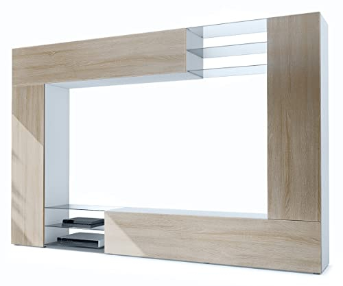 Vladon Wohnwand Mirage, Made in Germany, Anbauwand mit Rückwand mit 2 Türen, 2 Klappen und 6 offenen Glasablagen, Weiß matt/Eiche sägerau (262 x 183 x 39 cm)