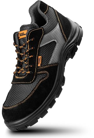 Black Hammer Composite Toe Cap Safety Trainers Metal Free Lightweight Work Shoes for Men Utility Construction Footwear with Midsole Protection Suede Leather Perfect for Everyday Use 1997 Black | Metal-free, Kevlar puncture-resistant midsole, suede leather upper, wide fit, anti-static, oil & slip-resistant.
