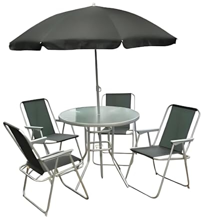 garden mile 6 Piece jardín y Patio Juego Exterior Comedor Juego – 4 Asientos Exterior Muebles de jardín con Cristal Parte Superior Mesa 4 Plegable sillas y Paraguas Parasol para terraza o balcón