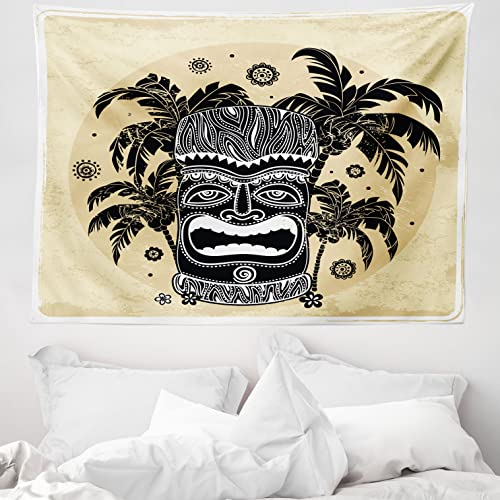 ABAKUHAUS Tiki Bar Wandteppich, Maske Palm Verziert aus Weiches Mikrofaser Stoff Waschbar ohne Verblassen Digitaldruck, 150 x 110 cm, Braun Weiß