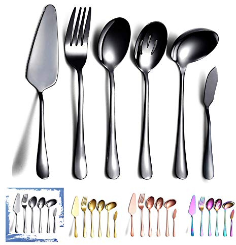 HOMQUEN 6 Piezas de Negro Juego de Cubiertos,Incluye Servidor de Pastel, Cuchara Ranurada para Servir, Cuchara para Servir, Tenedor para Carne Fría, Cuchillo para Mantequilla, Cucharón para Sopa