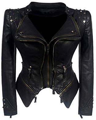 Zhenwo Frauen Biker-Jacke Slim Fit Short Lederjacke Mit Nieten Damen Multi-Zip Motorcycl Outwear Classic Black Punk Kostüm Mädchen Herbst Frühling,Schwarz,5XL