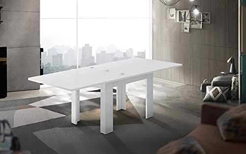 Dmora - Table extensible Otto, Console auxiliaire de cuisine, Table extensible, 100% Made in Italy, 90x90h75 cm, Blanc brillant