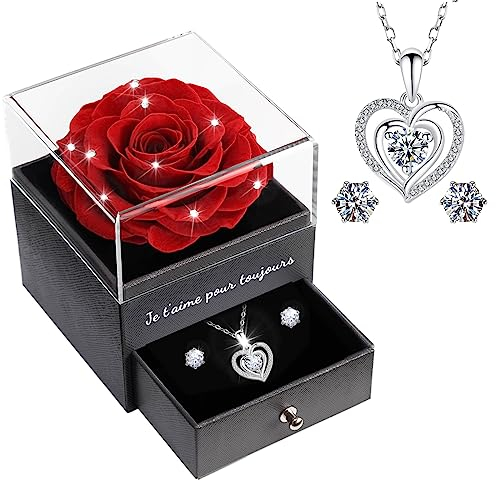 Sunia Rose Eternelle avec Bijoux Argent 925,Collier Coeur Boucles d'oreilles,Coffret Cadeau Femme,Rose Préservée avec Collier,Cadeau Anniversaire Femme,Amour Cadeau,Fete des Meres,Noël,Saint-Valentin