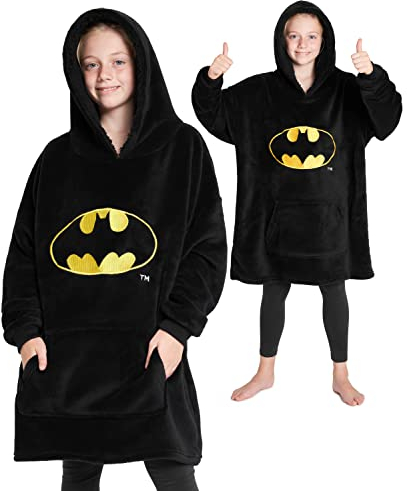 Batman Übergroße Hoodie Decke Kinder Flauschig Kuschelpullover Jungen Mädchen Oversize Kuscheldecke mit Ärmeln Einheitsgröße Hoodie Pullover